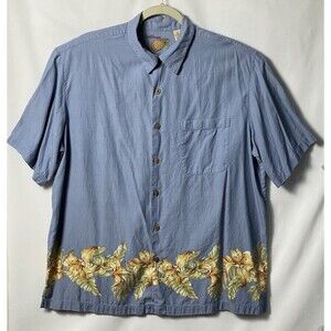 Caribbean Mens Button Up Shirt Blue Short Sleeve Silk Blend Hawaii Floral Sz XL